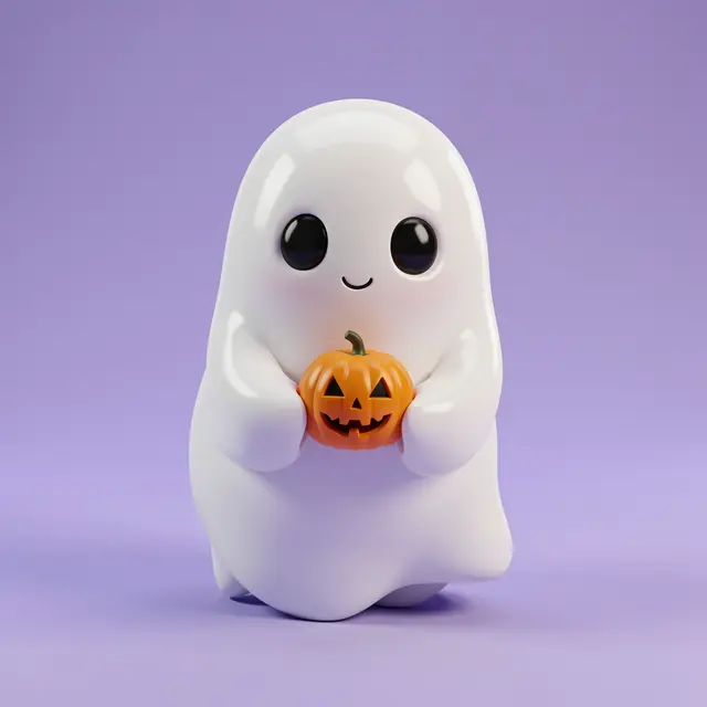 Glossy cute 3D ghost holds a tiny jack-o'-lantern on a smooth lilac background