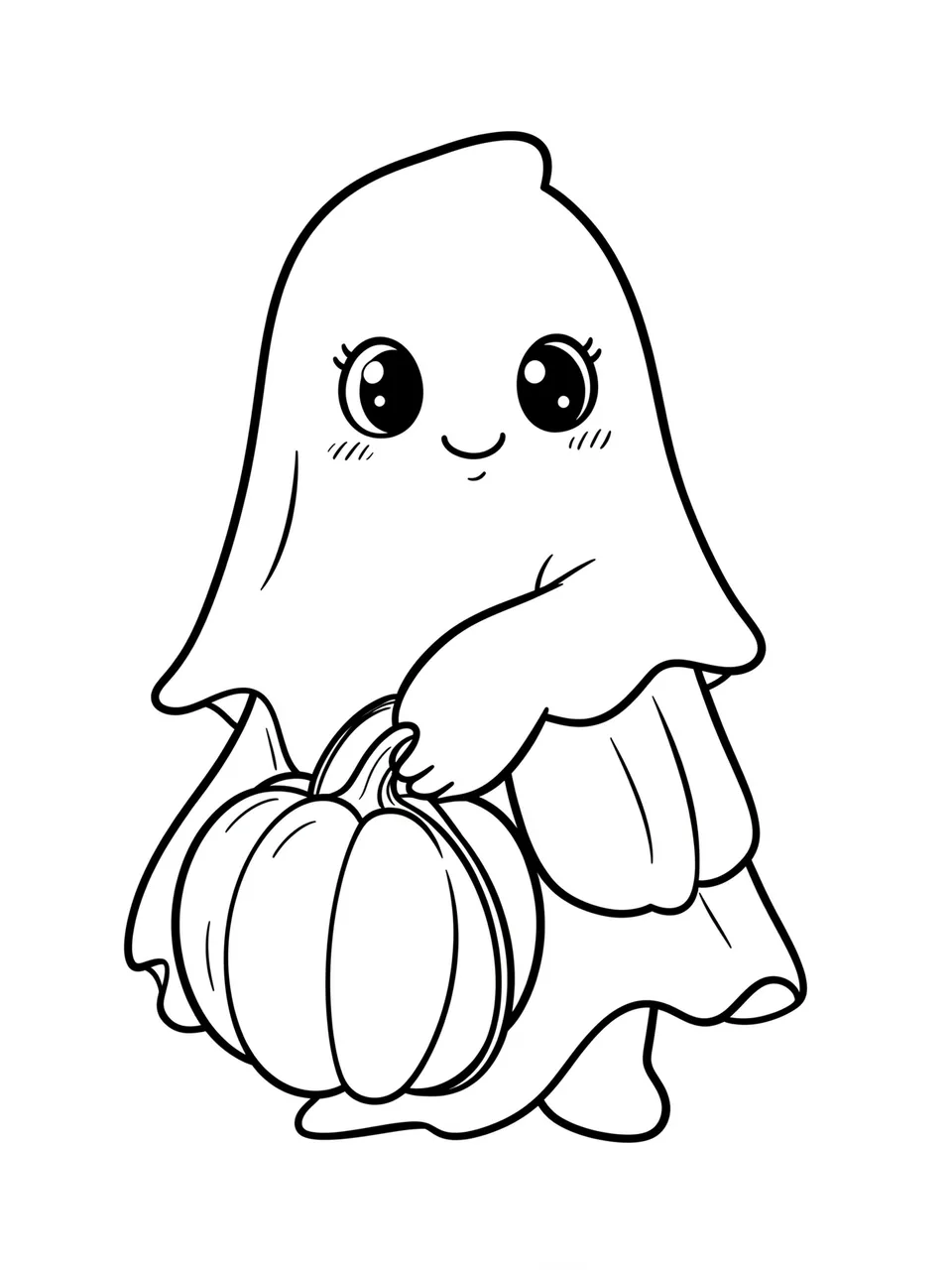 Simple bold black line art of a smiling cute ghost holding a pumpkin on a plain white background