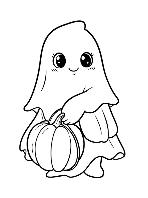 Simple bold black line art of a smiling cute ghost holding a pumpkin on a plain white background
