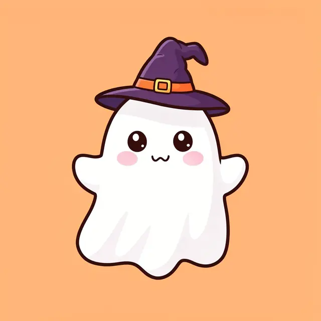 A kawaii white ghost wearing a tiny purple witch hat sits against a pastel orange background