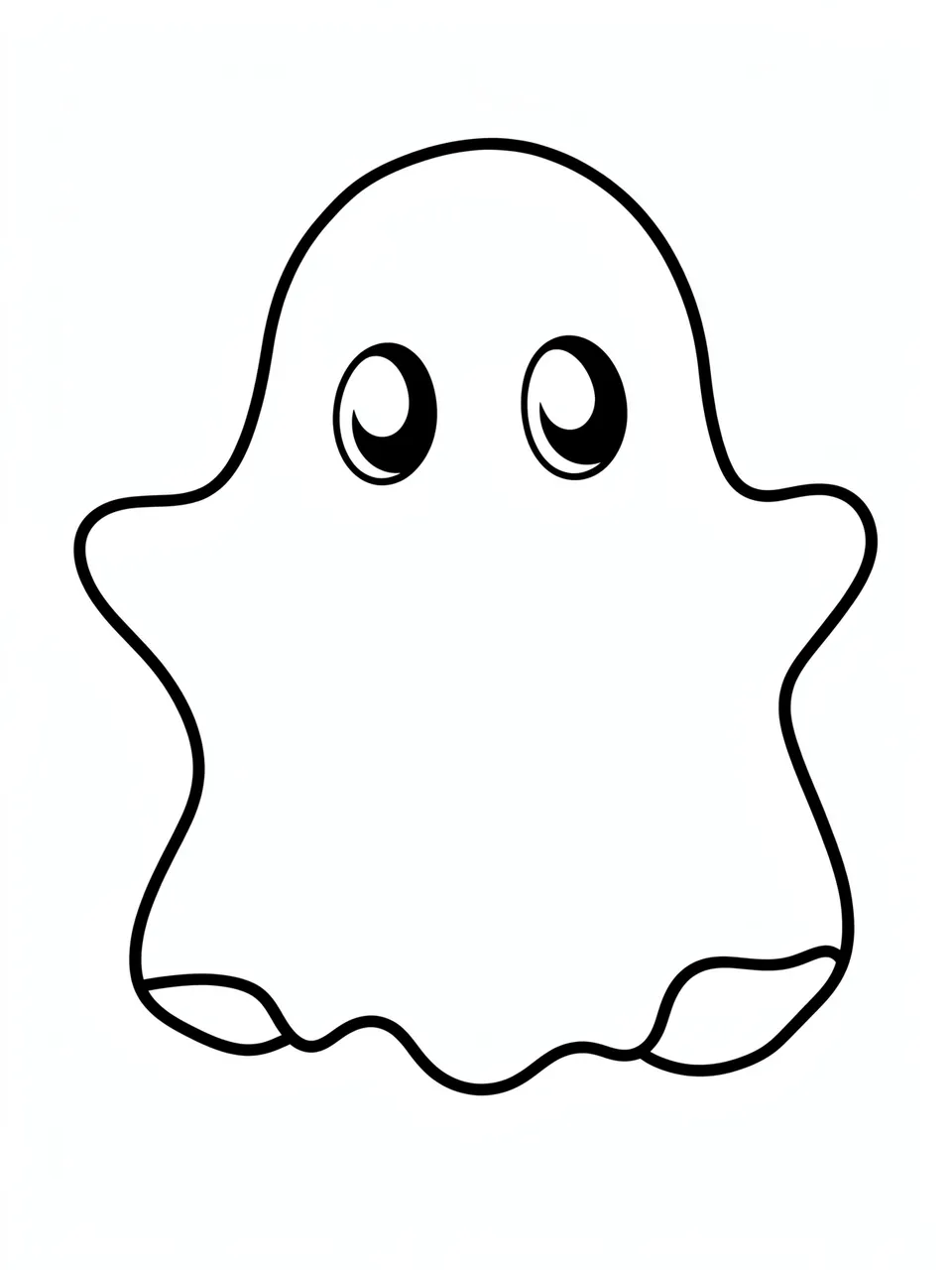 Bold black outline of a friendly little ghost on a plain white background
