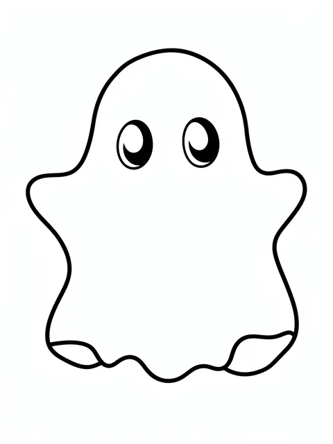 Bold black outline of a friendly little ghost on a plain white background