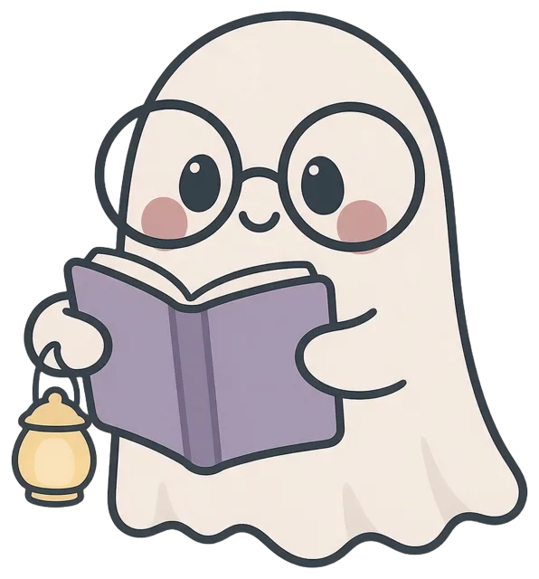 Friendly cartoon ghost wearing round glasses holds an open purple book and small lit lantern