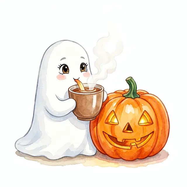 A friendly watercolor ghost holds a steaming mug of hot cocoa beside a glowing carved jack-o'-lantern.