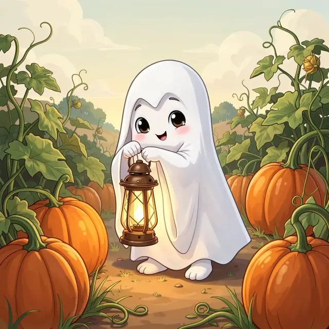 A friendly cartoon little ghost holds a glowing lantern while standing in a sunny autumn pumpkin patch.