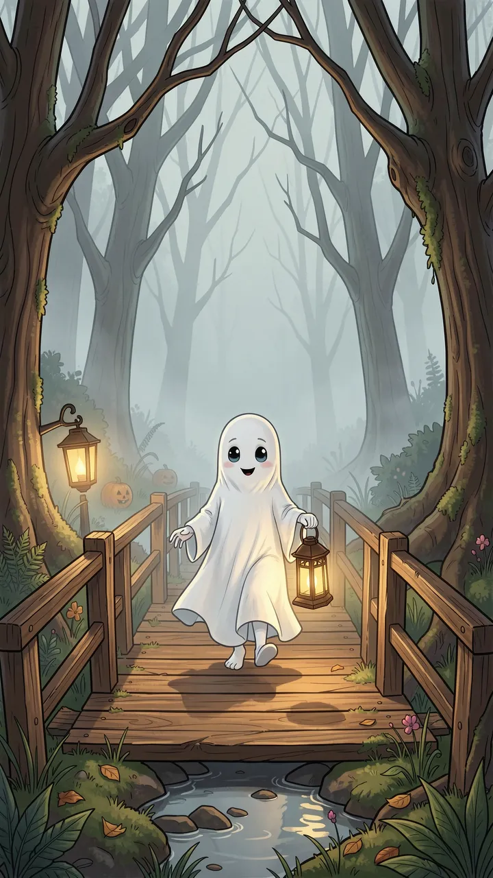 A friendly cartoon ghost holding a lantern walks across a wooden bridge in a misty Halloween forest.