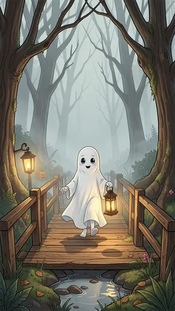 A friendly cartoon ghost holding a lantern walks across a wooden bridge in a misty Halloween forest.