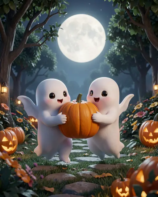 Two cheerful cartoon ghosts carry a pumpkin through a moonlit Halloween garden lined with jack-o'-lanterns