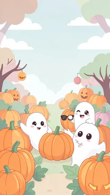 Three friendly cartoon ghosts play hide and seek among pumpkins in a soft pastel pumpkin patch