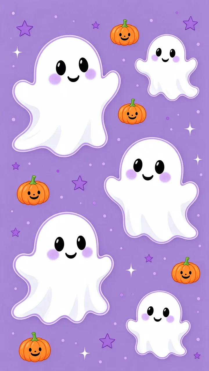 Vertical flat illustration of smiling cartoon ghosts, jack-o'-lanterns and stars on a lavender purple background