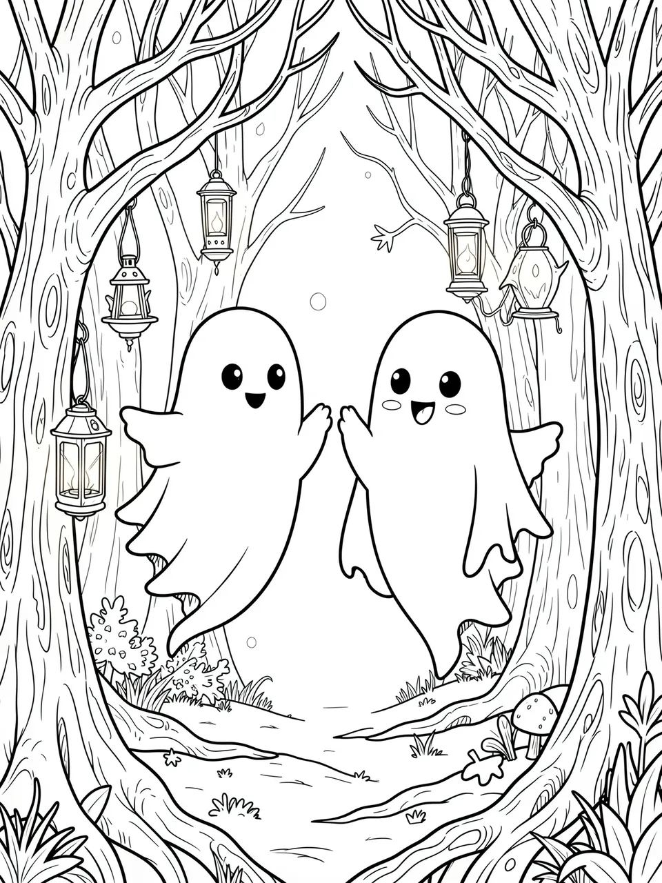 Black and white line art of two friendly floating ghosts in a lantern-lit spooky forest clearing
