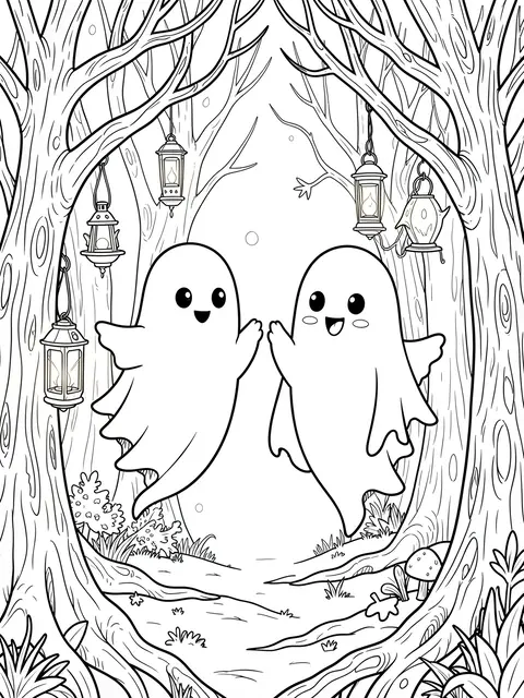 Black and white line art of two friendly floating ghosts in a lantern-lit spooky forest clearing
