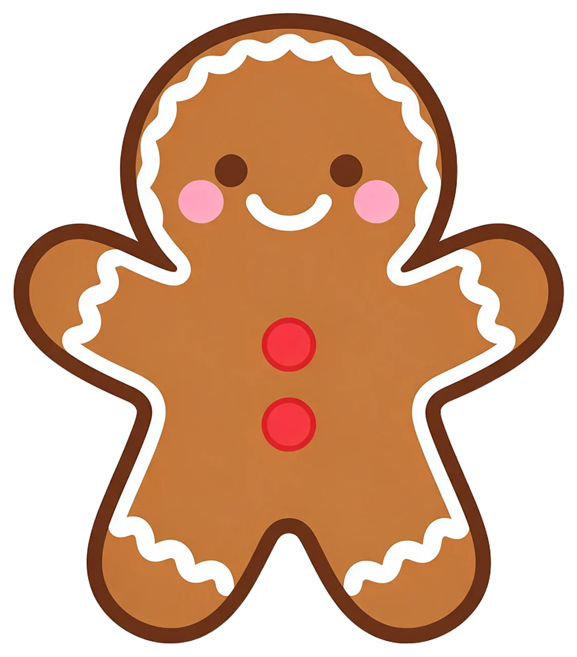 Kawaii flat illustration of a smiling gingerbread man with icing trim, red buttons and pink blush cheeks