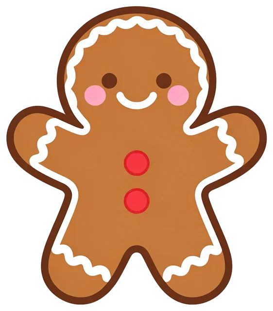 Kawaii flat illustration of a smiling gingerbread man with icing trim, red buttons and pink blush cheeks