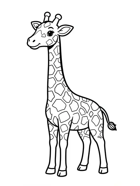 Bold black line art of a smiling cute giraffe on a plain white background for coloring