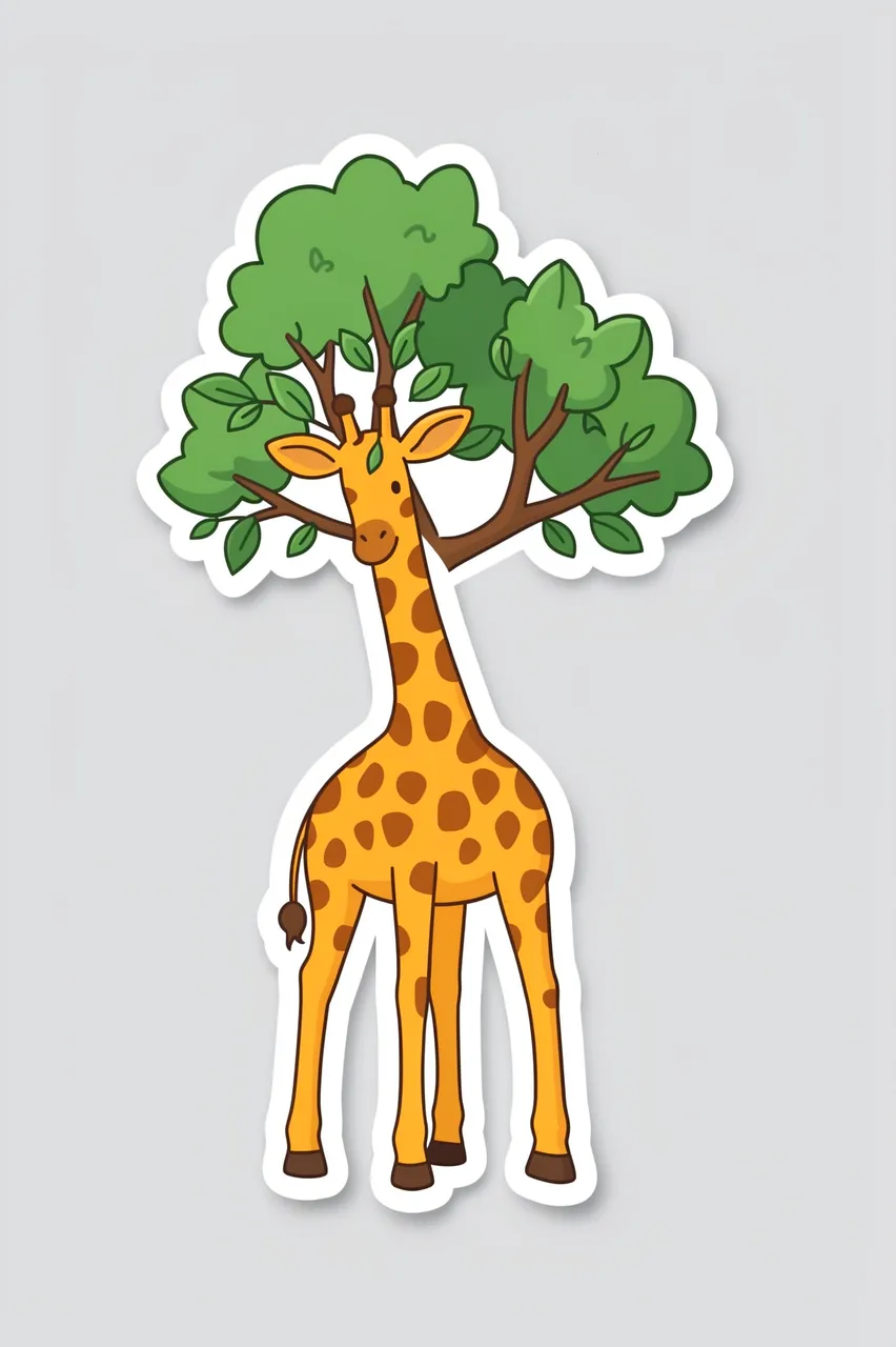 Die-cut sticker of a cartoon giraffe nibbling tree leaves on a light gray background
