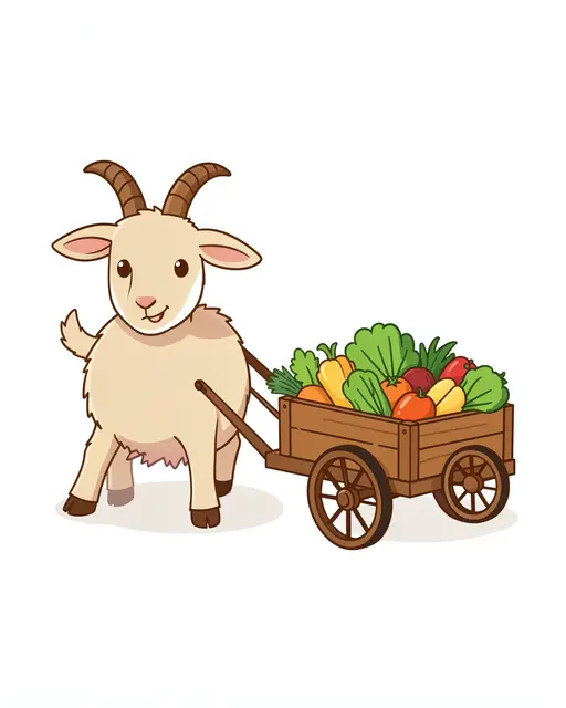 A cheerful cartoon goat stands next to a wooden cart filled with fresh produce on a plain white background