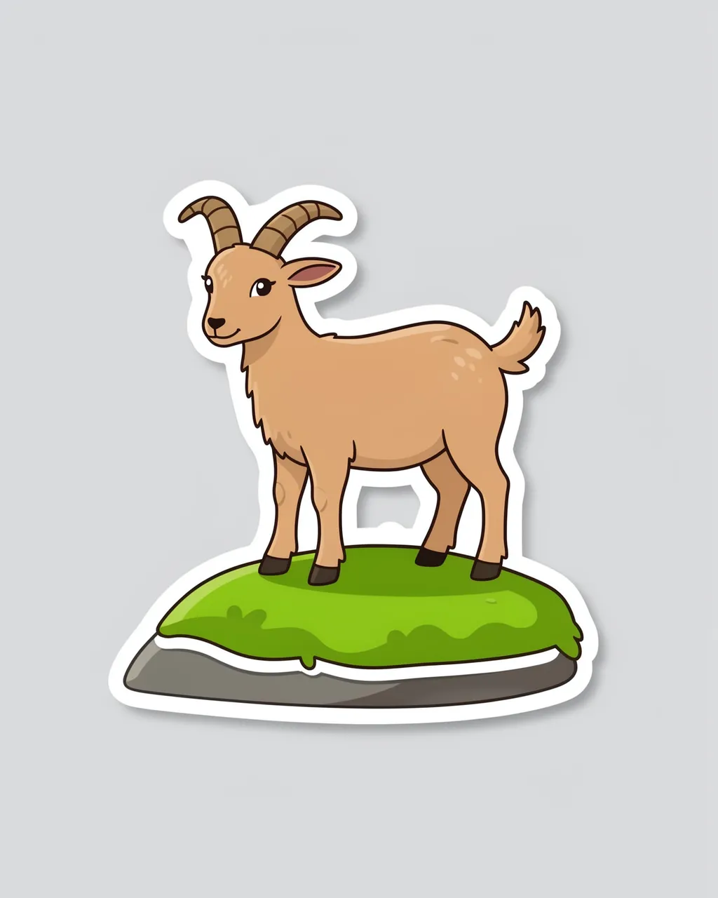 A die-cut sticker of a cartoon brown goat standing on a mossy rock against a light gray background