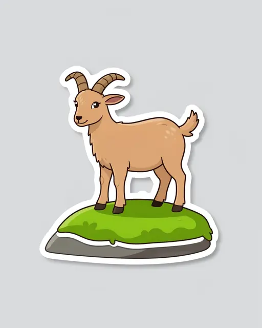 A die-cut sticker of a cartoon brown goat standing on a mossy rock against a light gray background