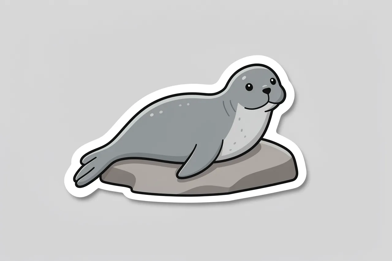 Die-cut sticker of a cartoon gray seal resting on a rock on a light gray background