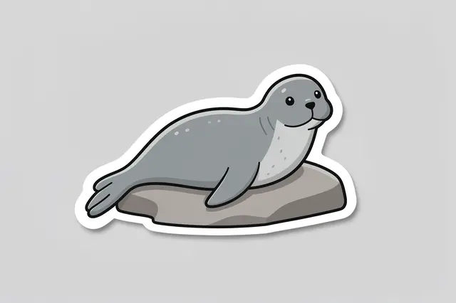 Die-cut sticker of a cartoon gray seal resting on a rock on a light gray background