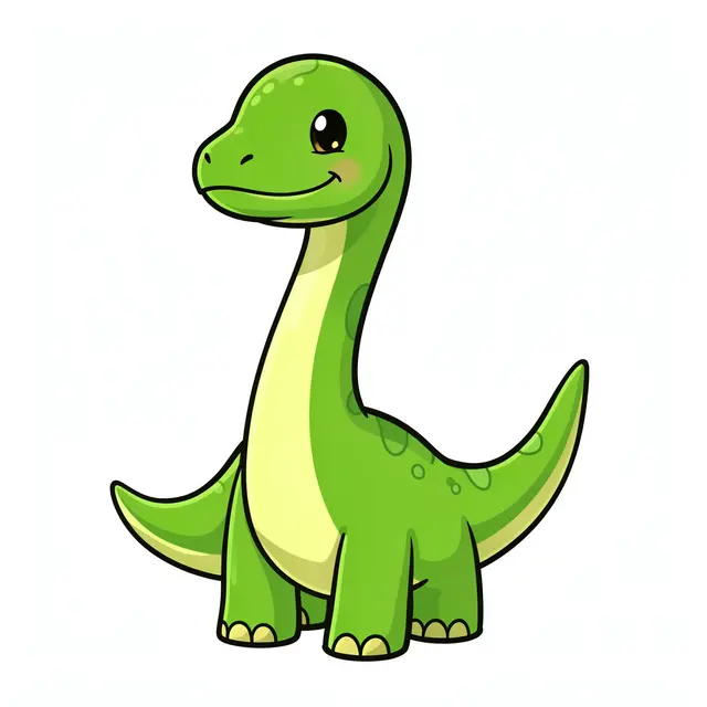 A smiling cartoon green long-necked dinosaur stands isolated on a plain white background