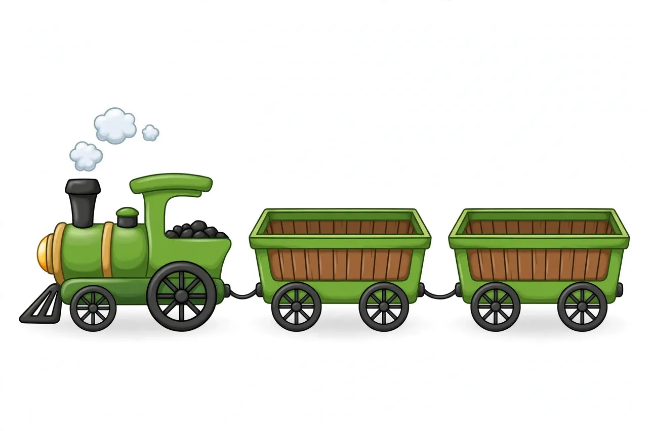 Side view of a cute green cartoon steam train pulling two open wooden wagons on a light plain background