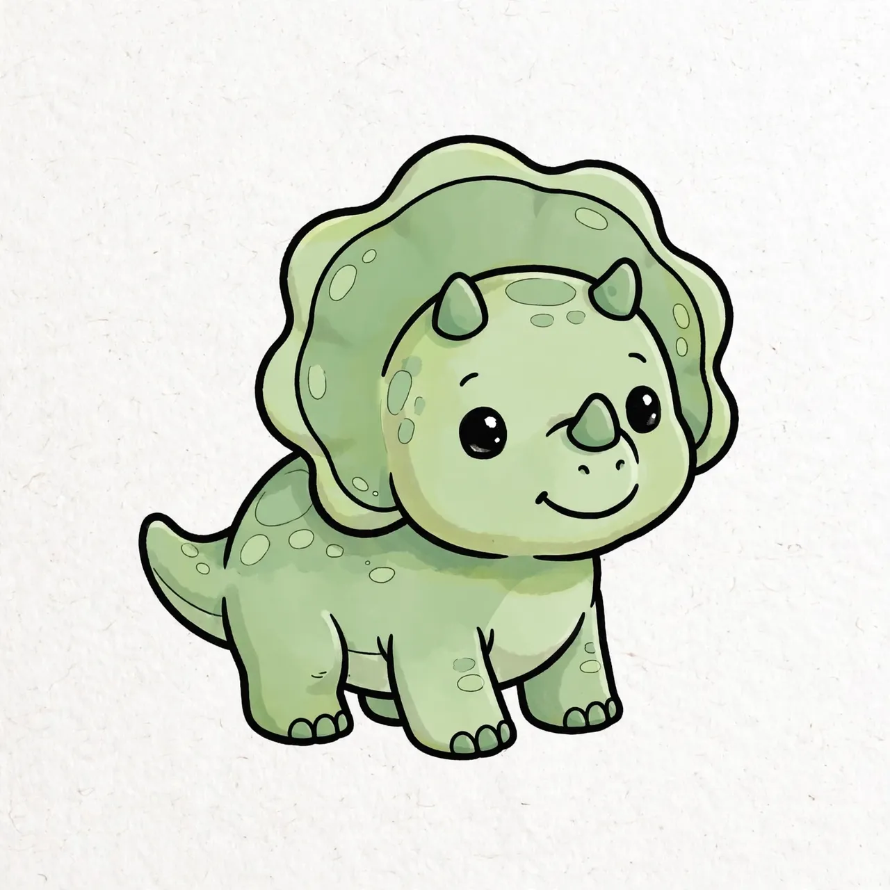 A cheerful cartoon baby green triceratops with bold outlines stands on textured off-white paper