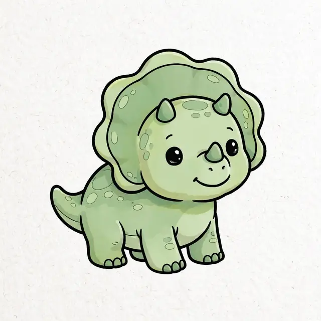 A cheerful cartoon baby green triceratops with bold outlines stands on textured off-white paper