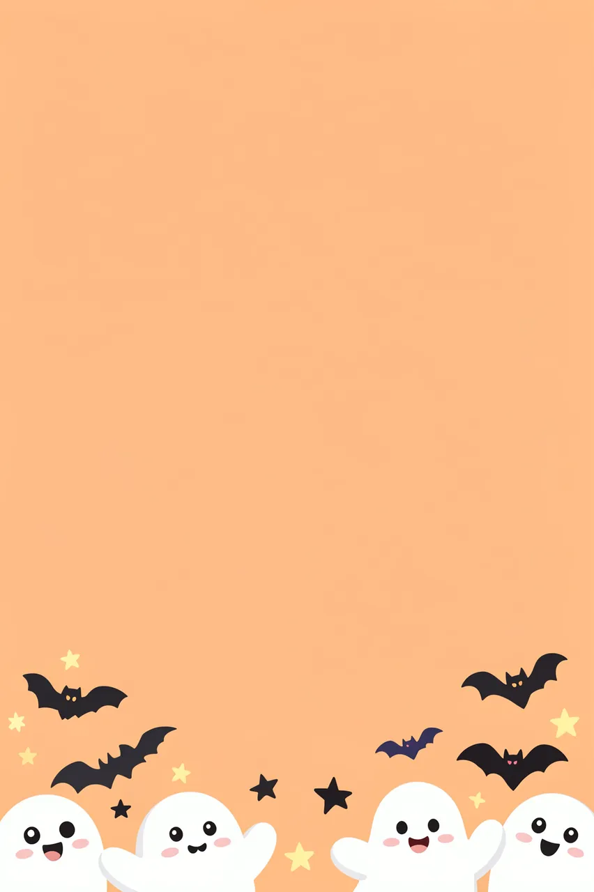 Happy little ghosts, bats and stars peek along the bottom of a solid pastel orange empty background