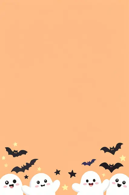 Happy little ghosts, bats and stars peek along the bottom of a solid pastel orange empty background