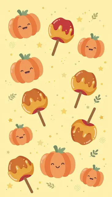 Flat vector illustration of smiling pumpkins, caramel apples and tiny stars on soft butter yellow background