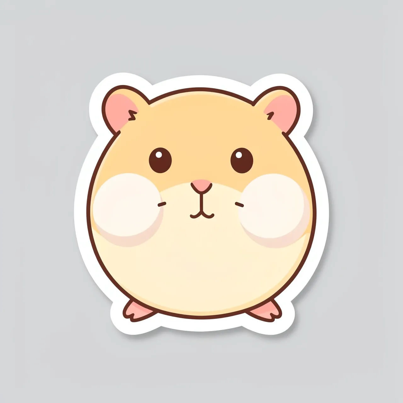 Round die cut sticker of a plump cream hamster with puffed cheeks on a light gray background
