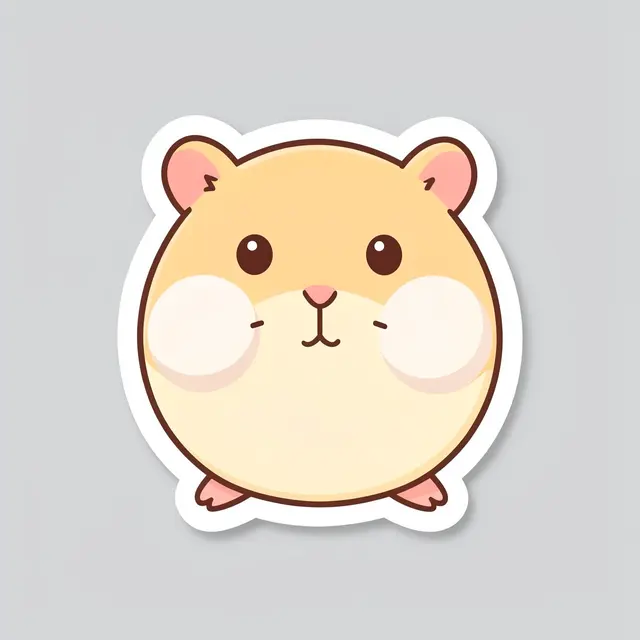 Round die cut sticker of a plump cream hamster with puffed cheeks on a light gray background