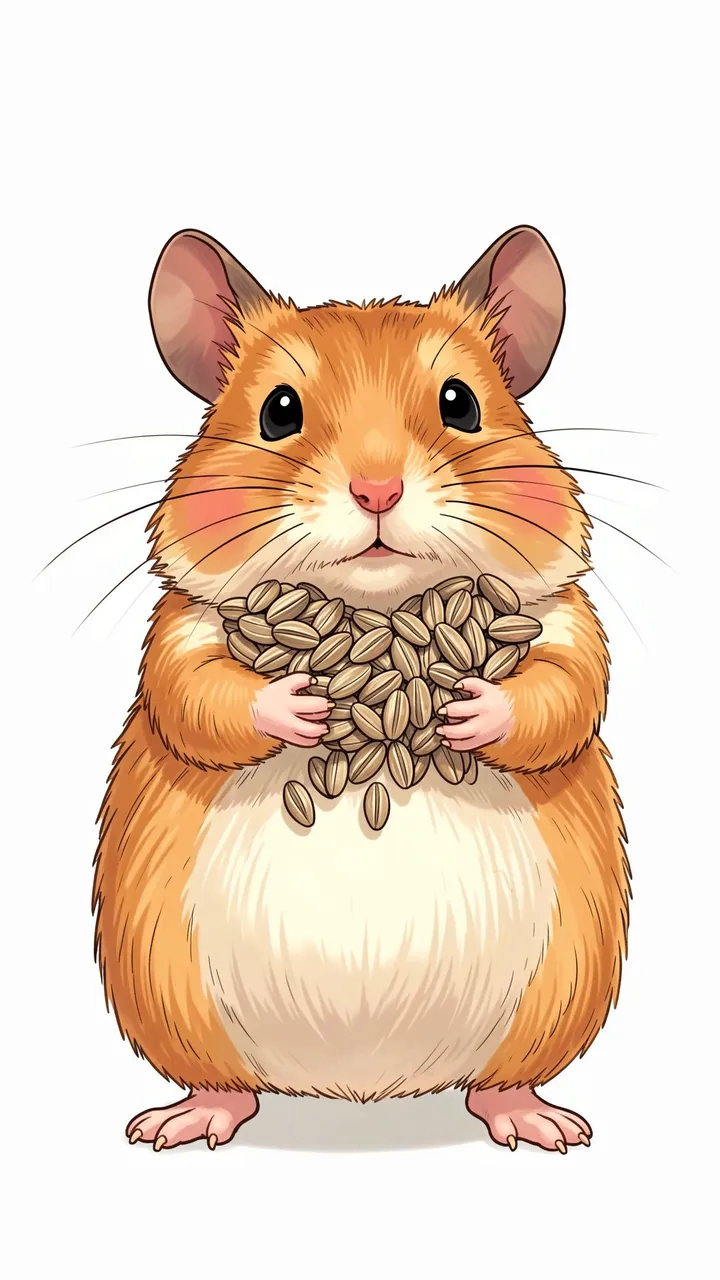 A chubby illustrated golden hamster holds a pile of sunflower seeds against a plain white background