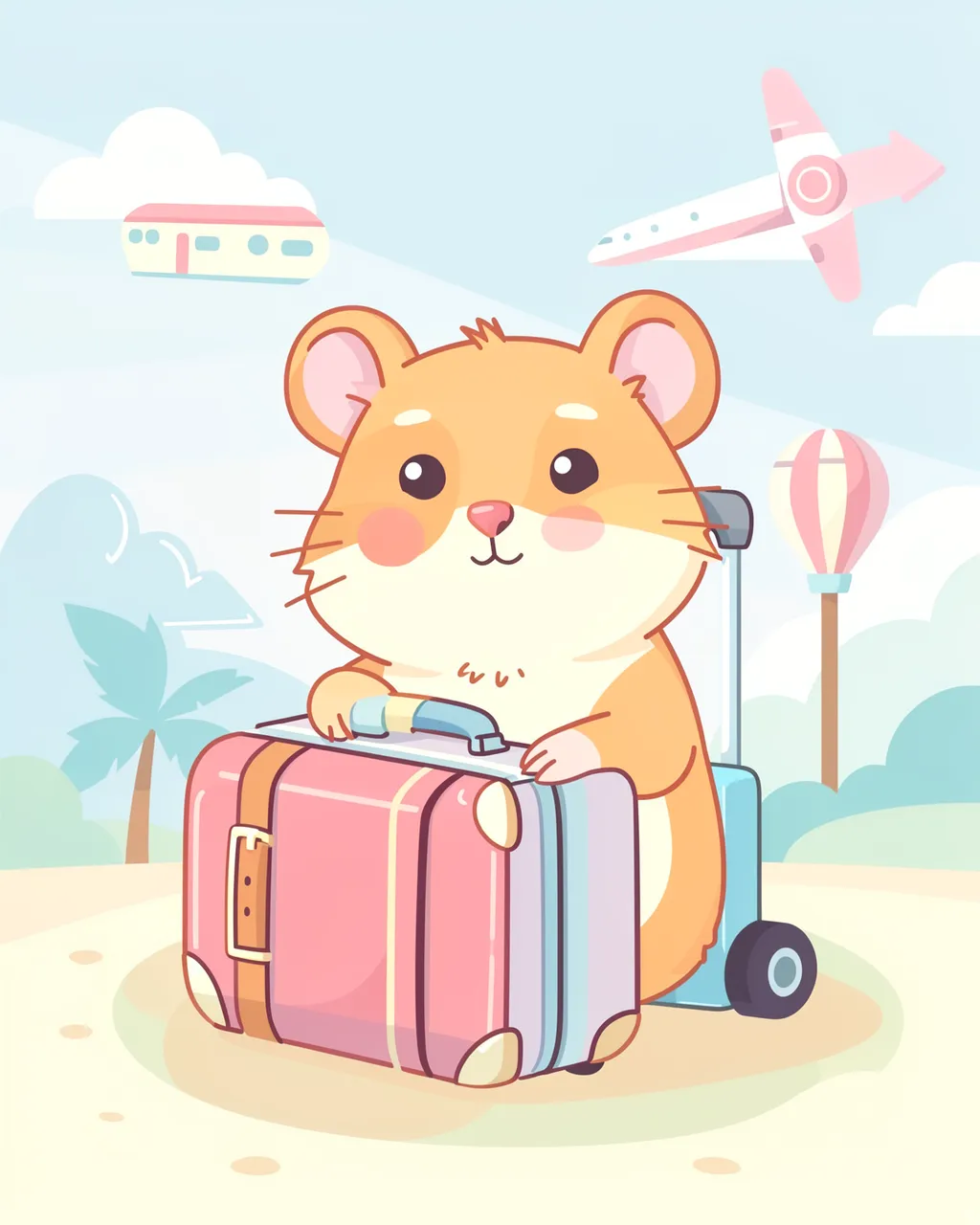Cute cartoon hamster holds a pink suitcase beside a rolling carry-on under a pastel travel themed sky