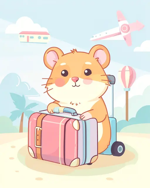 Cute cartoon hamster holds a pink suitcase beside a rolling carry-on under a pastel travel themed sky