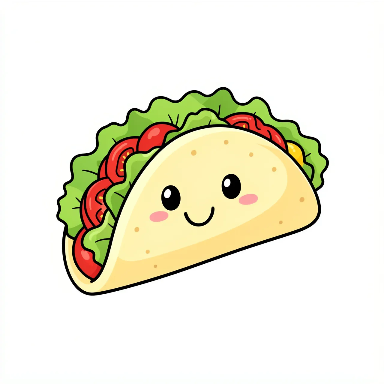 Cartoon kawaii taco with a smiling face, lettuce and tomato peeking out on a plain white background