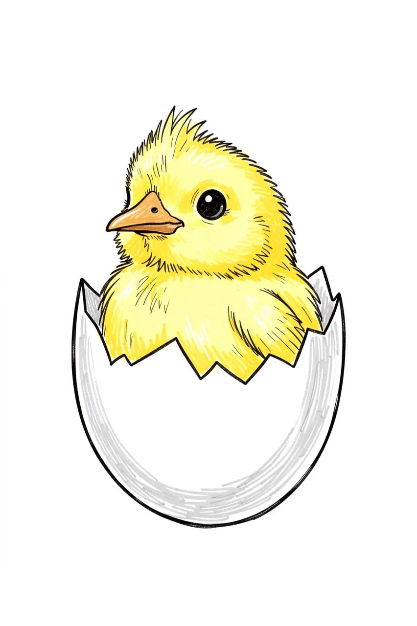 Line drawing of a fluffy yellow baby chick sitting inside a cracked eggshell on a plain white background