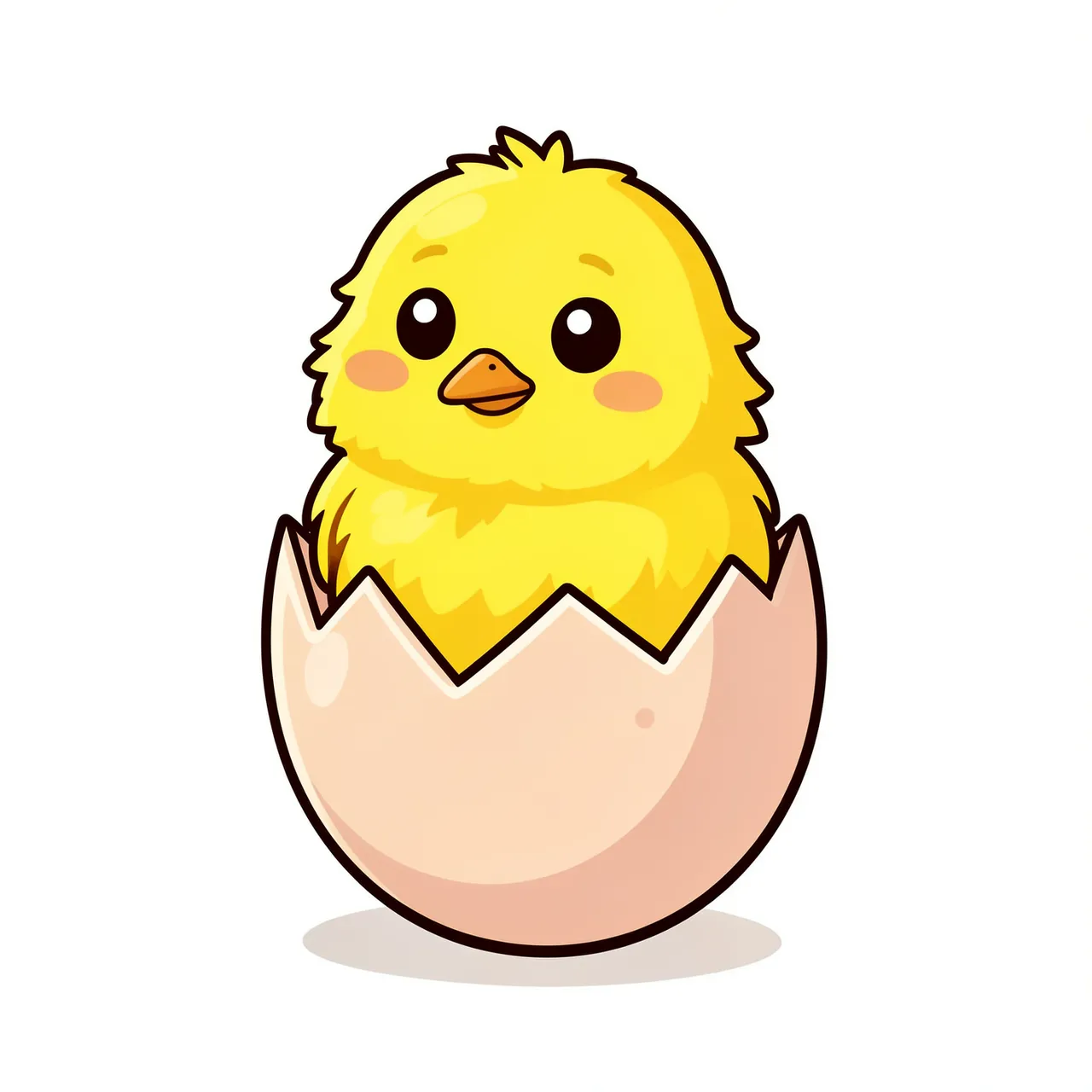 A fluffy yellow cartoon chick sits inside a cracked pale eggshell on a plain white background