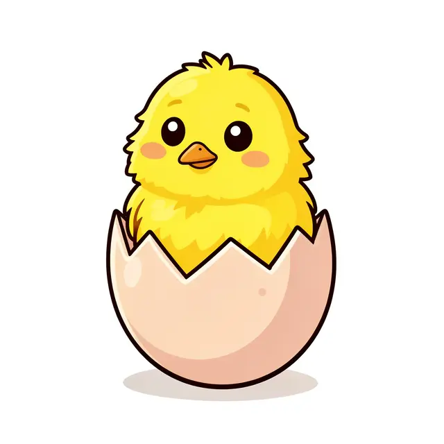 A fluffy yellow cartoon chick sits inside a cracked pale eggshell on a plain white background