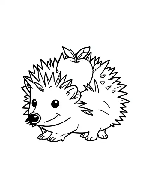 Bold black line art of a smiling hedgehog carrying an apple on its quilled back against a plain white background