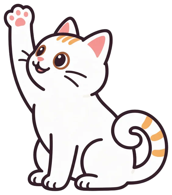 Cute cartoon white cat with orange markings sitting and raising one paw for a high five, smiling