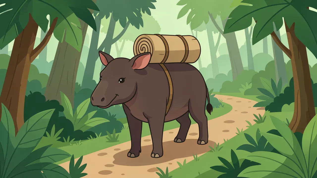 A cartoon tapir with a rolled bedroll on its back stands on a winding jungle trail