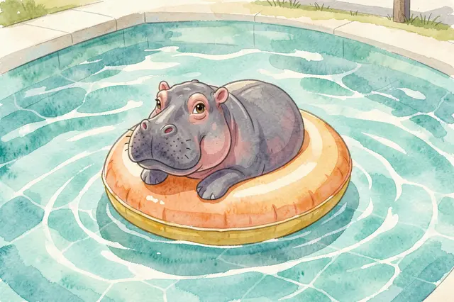 A friendly cartoon hippo rests on an orange swim ring floating in a turquoise tiled swimming pool.