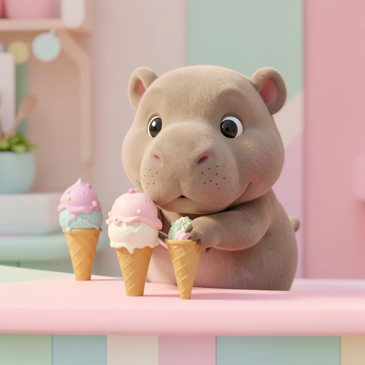 Soft plush 3D cartoon hippo standing at a pastel counter with decorated waffle ice cream cones