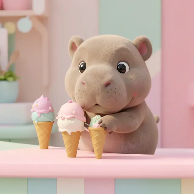 Soft plush 3D cartoon hippo standing at a pastel counter with decorated waffle ice cream cones