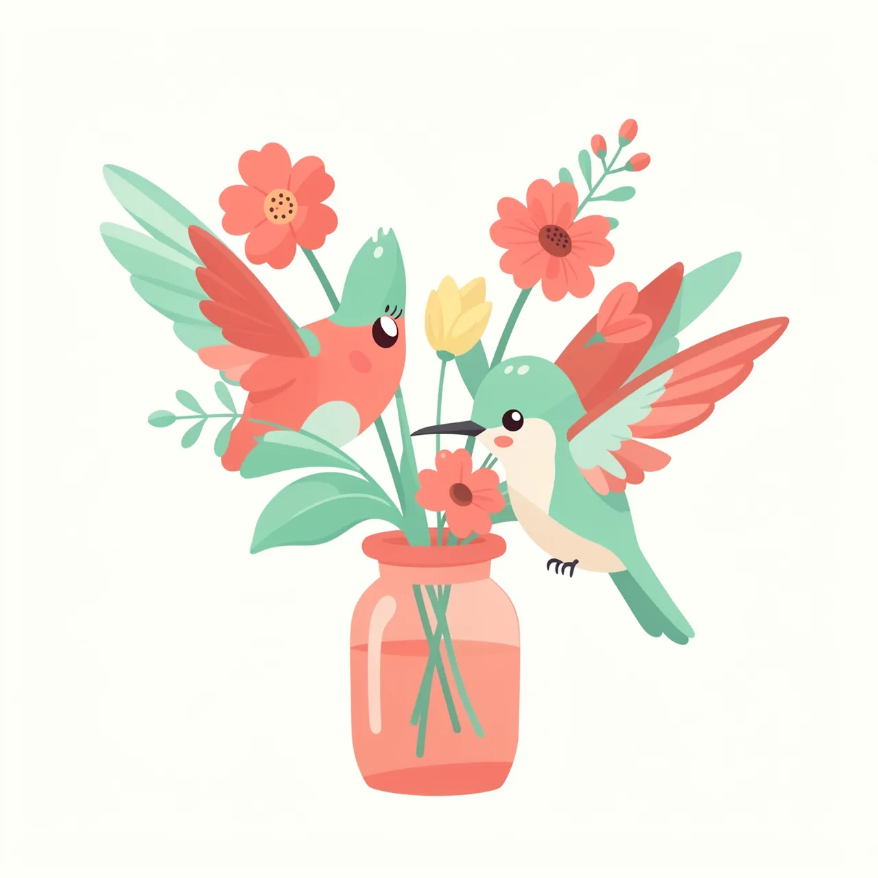 Two stylized hummingbirds hover beside a coral vase holding pastel flowers on an off-white background