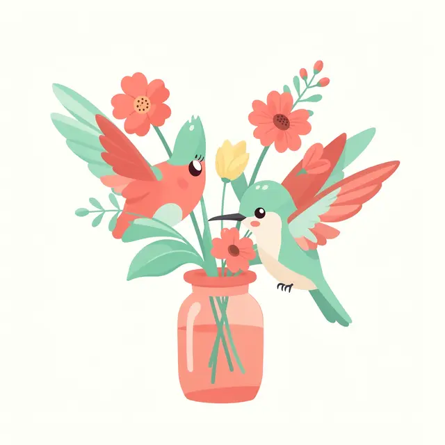 Two stylized hummingbirds hover beside a coral vase holding pastel flowers on an off-white background