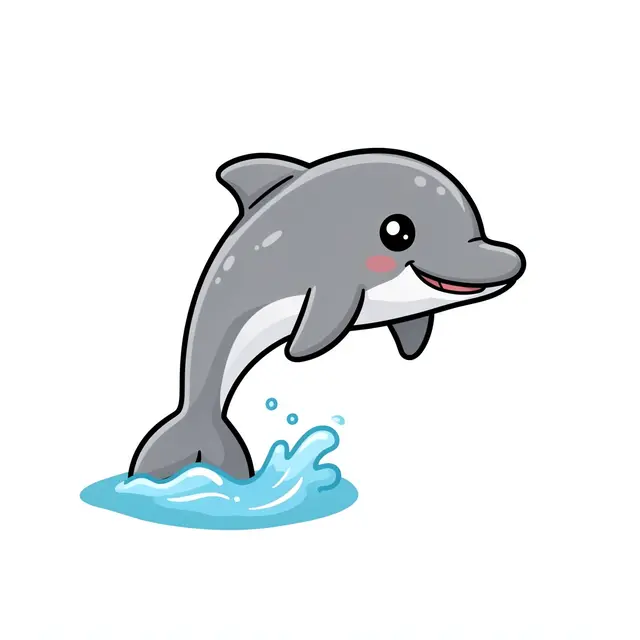 A smiling cartoon grey dolphin leaps from a small blue water splash on a plain white background